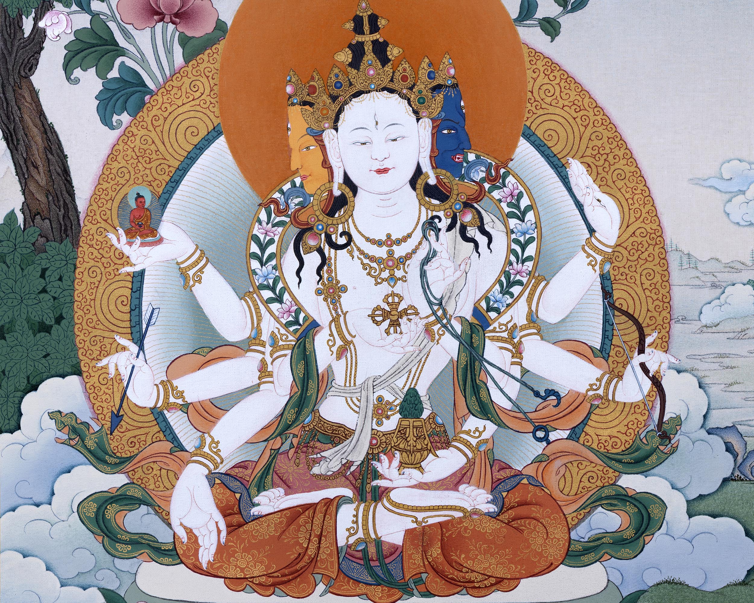 Namgyalma With Amitayus and White Tara Thangka Print | High Quality Giclee Canvas Print