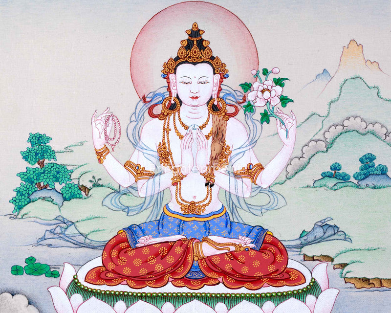 Sacred Chenresig Avalokiteshvara Thangka | Deity of Compassion | Traditional Karma Gadri Style