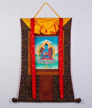 Medicine Buddha Thangka | Himalayan Buddhist Painting (with Brocade)