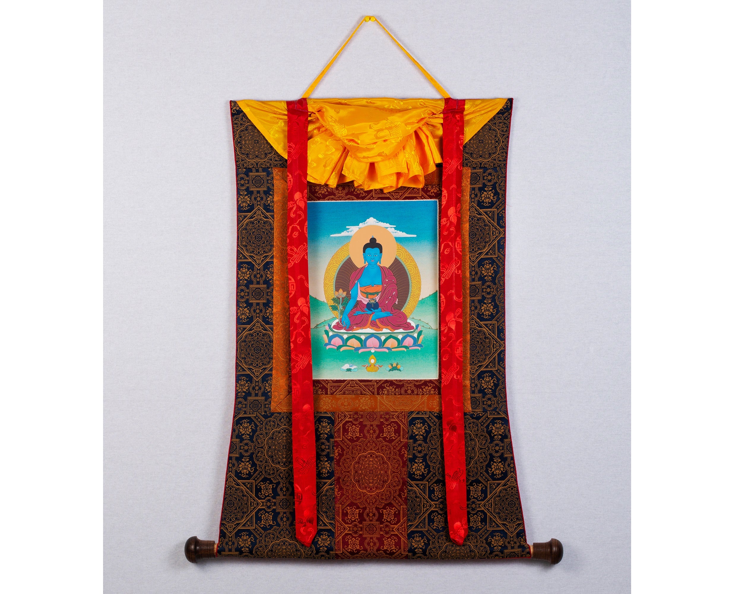 Medicine Buddha Thangka | Himalayan Buddhist Painting (with Brocade)