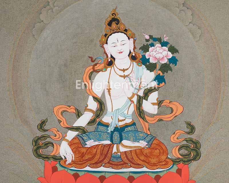 Graceful White Tara Thangka | Hand-Painted Traditional Tibetan Art | nvoking Divine Feminine Blessing