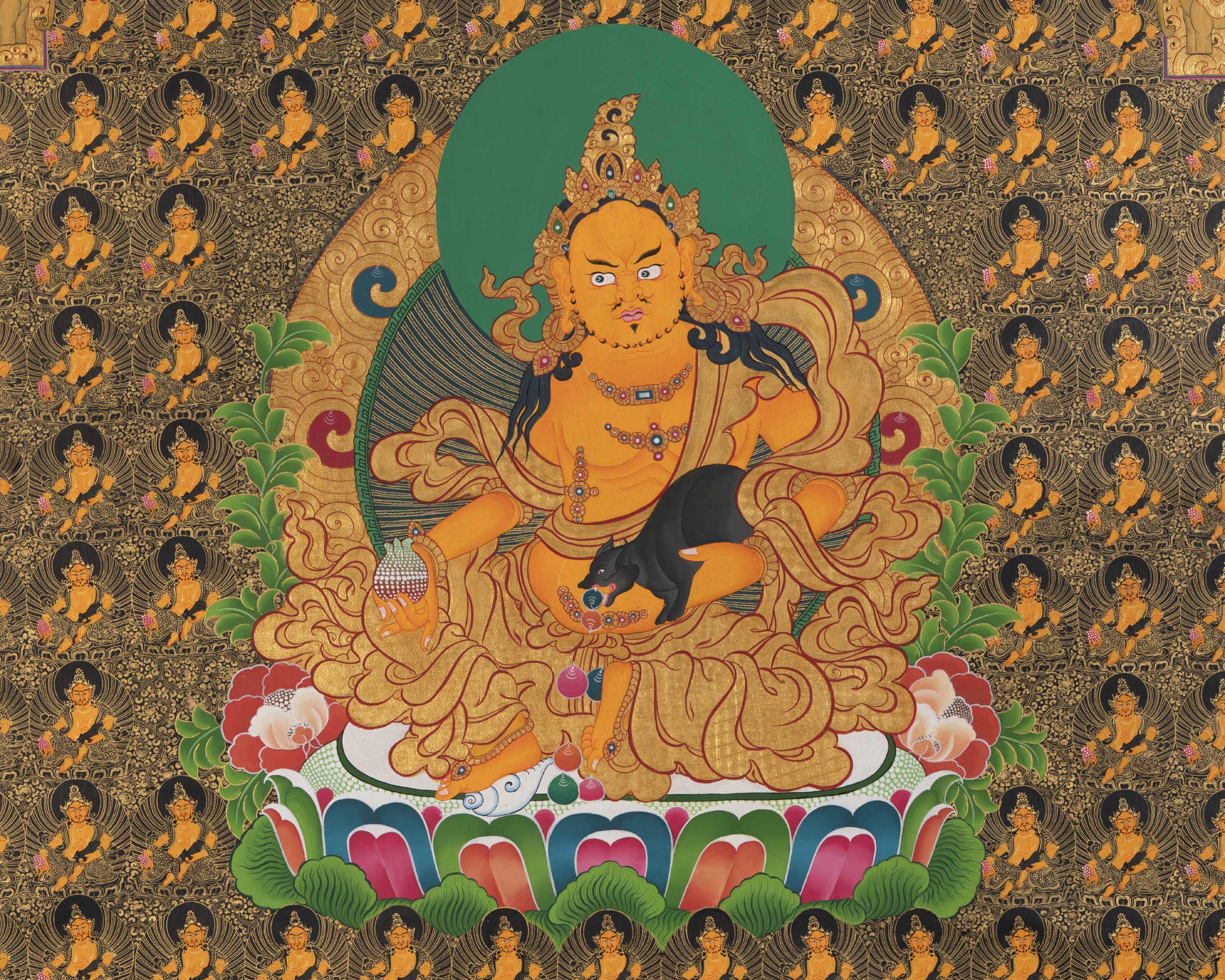Dzambala Yellow Thangka  |  Traditional Tibetan Art | Wall Decors