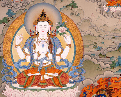 Bodhisattva Thangka | Chenrezig with Vajrapani, Manjushri and Amitabha Buddha