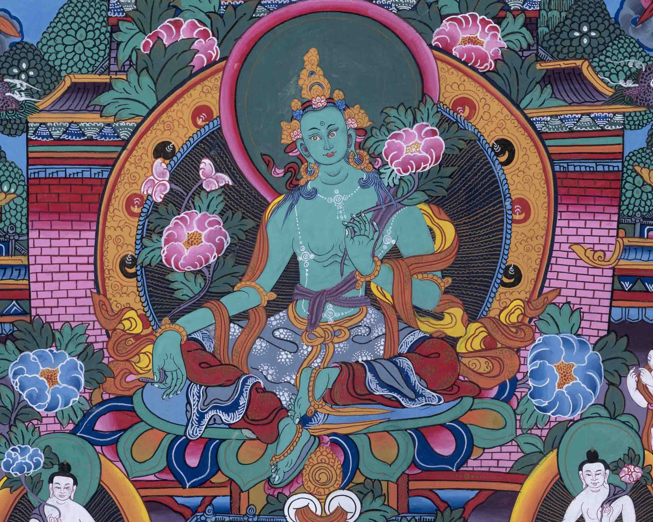 Old Green Tara Thangka | Traditional Handpainted Artwork | Wall Decors