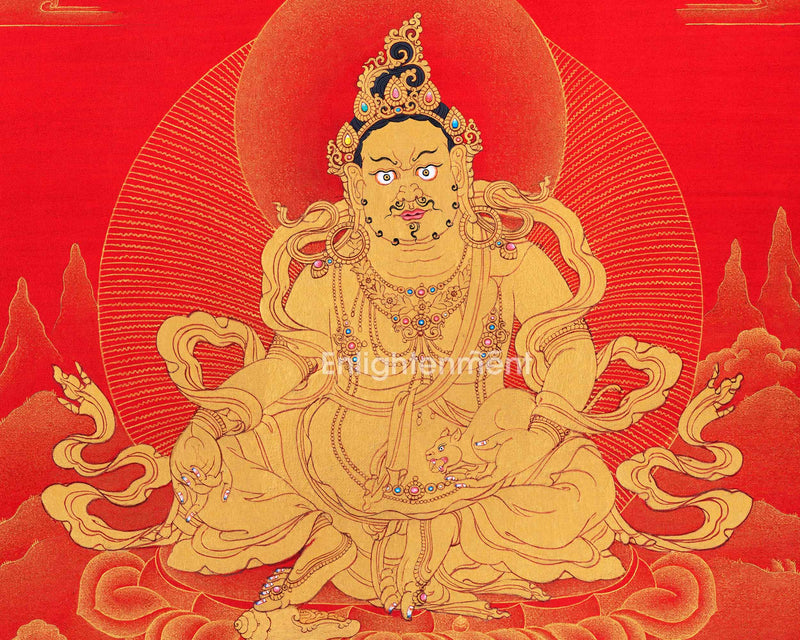 Hand-Painted Himalayan Thangka For Jambhala Mantra Practice | Traditional Wealth Deity Artwork