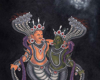 Naga Raja and Naga Rani Thangka Print | Hindu Deity Canvas Print | Traditional Wall Decor