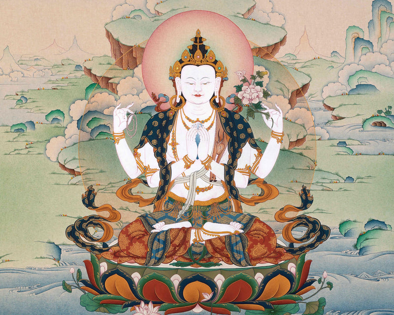 Chenrezig Thangka | Handmade Compassion Deity Painting | Artwork