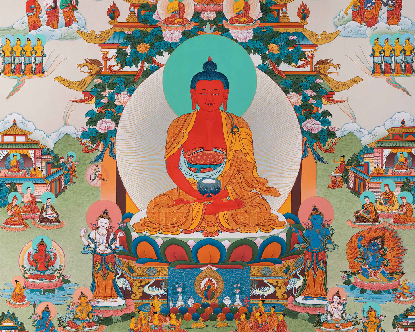 Amitabh Buddha Pure Land Thangka | Traditionally Hand-Painted Amitabha Singham Art