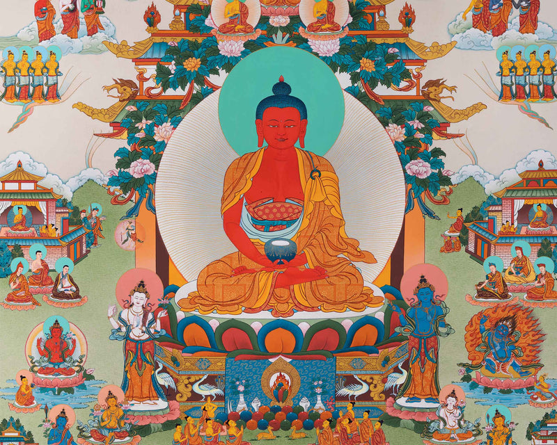 Amitabh Buddha Pure Land Thangka | Traditionally Hand-Painted Amitabha Singham Art