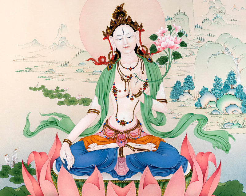 White Tara Thangka | Traditional Tibetan Stone Color White Tara Painting