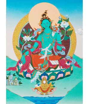 Green Tara Thangka | Handmade Art Painting | Tibetan Thangka with Brocade