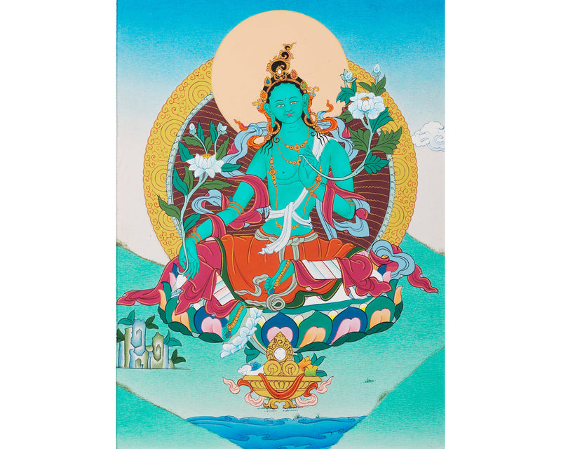 Green Tara Thangka | Handmade Art Painting | Tibetan Thangka with Brocade