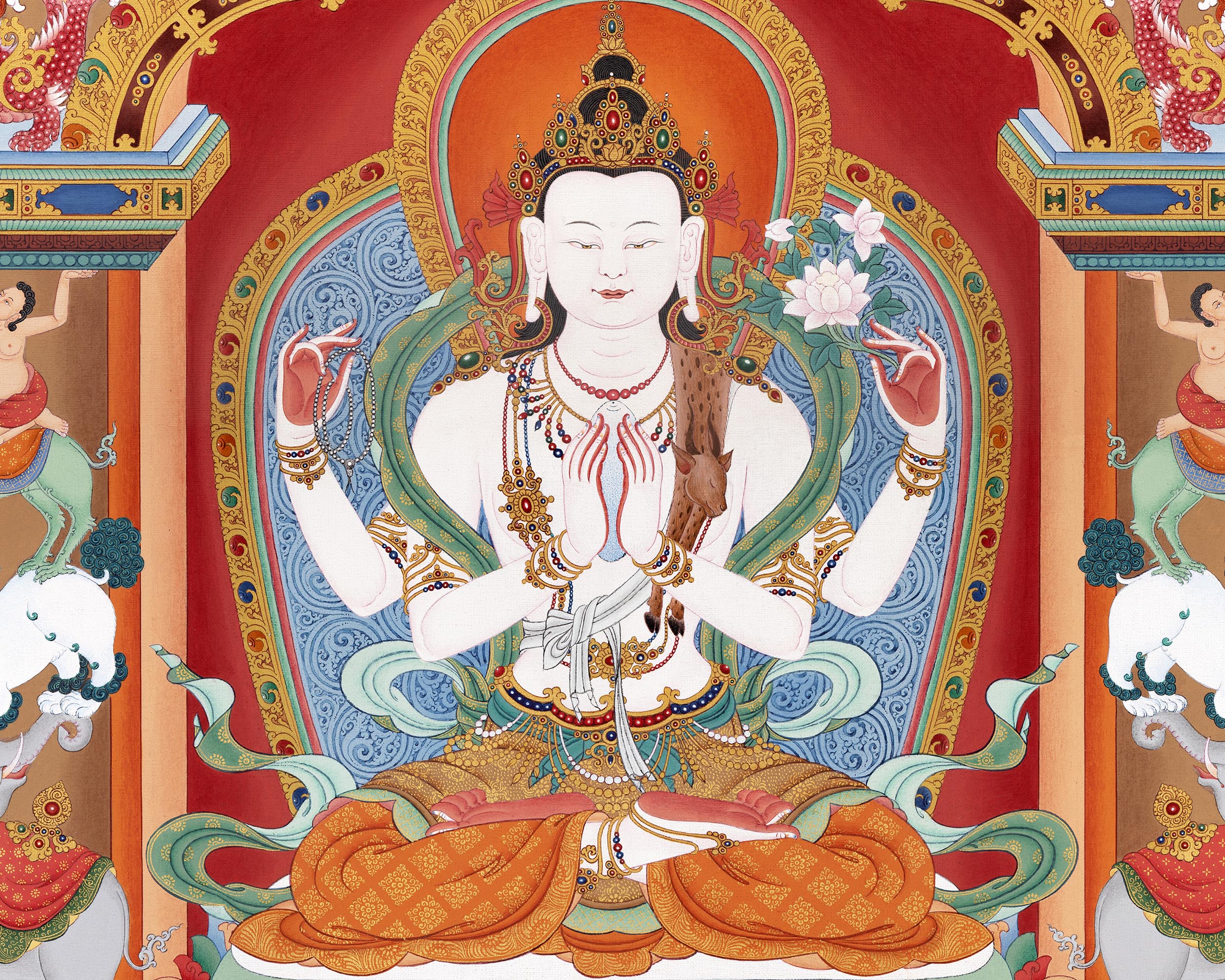 Chenrezig with Manjushri and Vajrapani Thangka | Vajrayana Print With High Quality Giclee