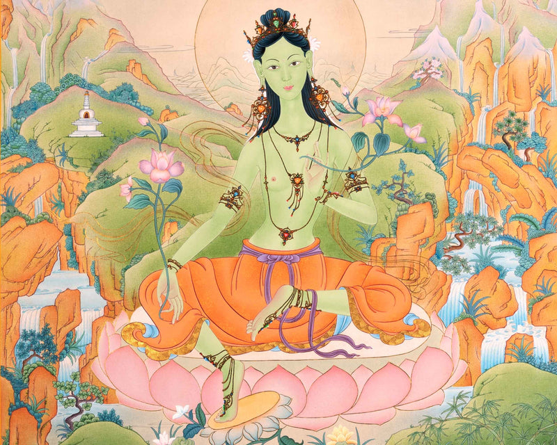 Green Tara Goddess Thangka | Hand-Painted Mother Tara Thangka For Mindfulness