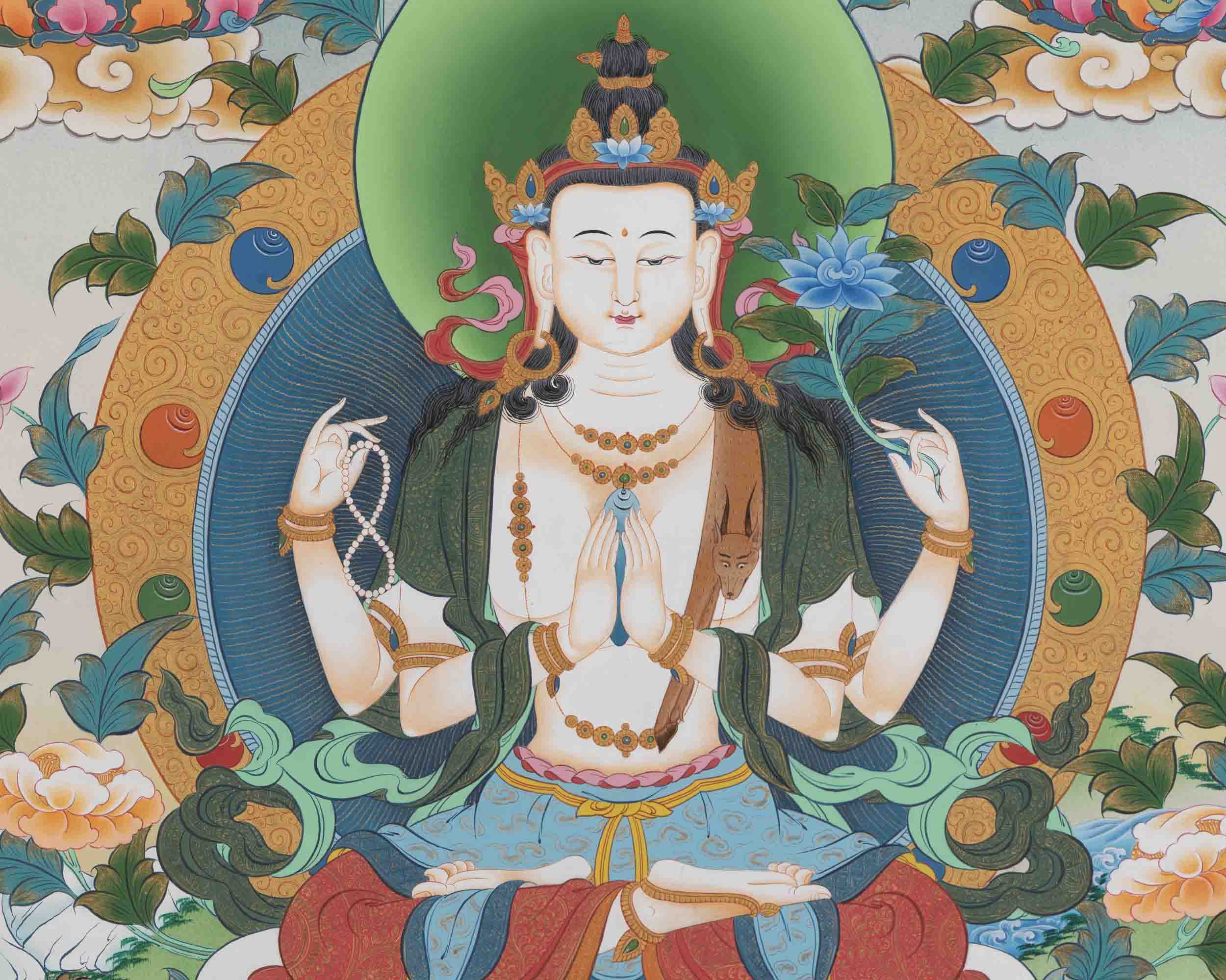 Avalokitesvara Chengrezig Thangka | Traditional Buddhist Paint | Wall Decors