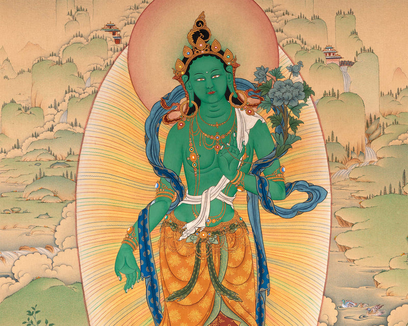 Standing Green Tara Thangka | Digital Thangka Canvas Print