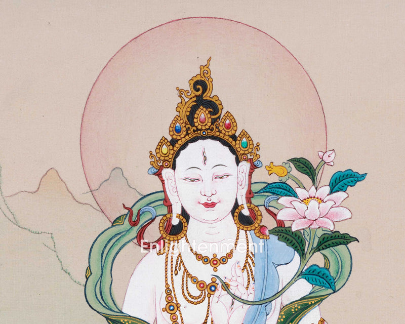 Thangka Of The Goddess of Compassion | Hand Painted White Tara Art | Spiritual Wall Decoration