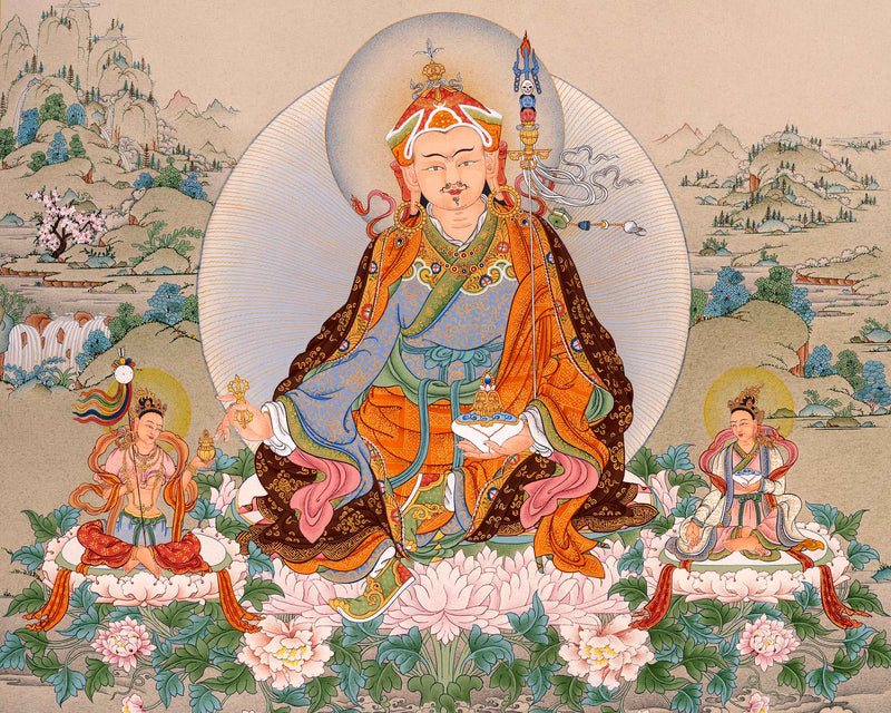 Padmasambhava Painting | Guru Rinpoche with Consorts and Amitabha Buddha