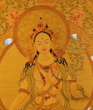 Medium Size White Tara | 24k Gold Painted Bodhisattva Painting