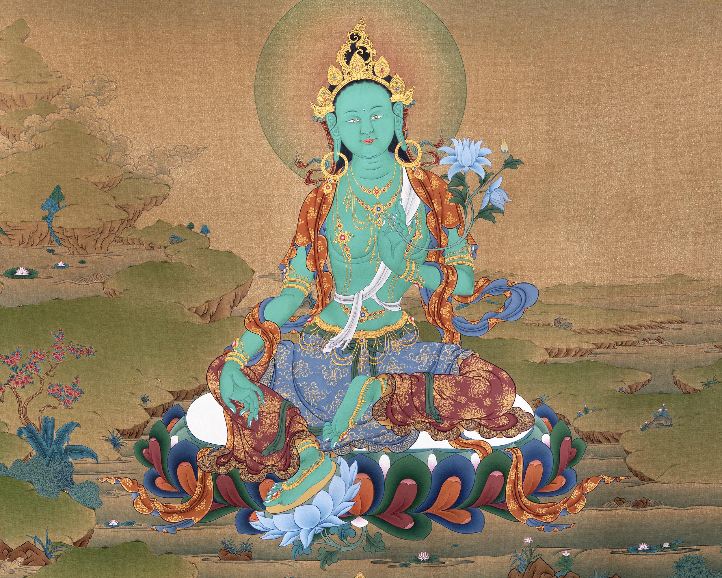 Green Tara Thangka Print | Buddhist Painting  | Digital Canvas Print