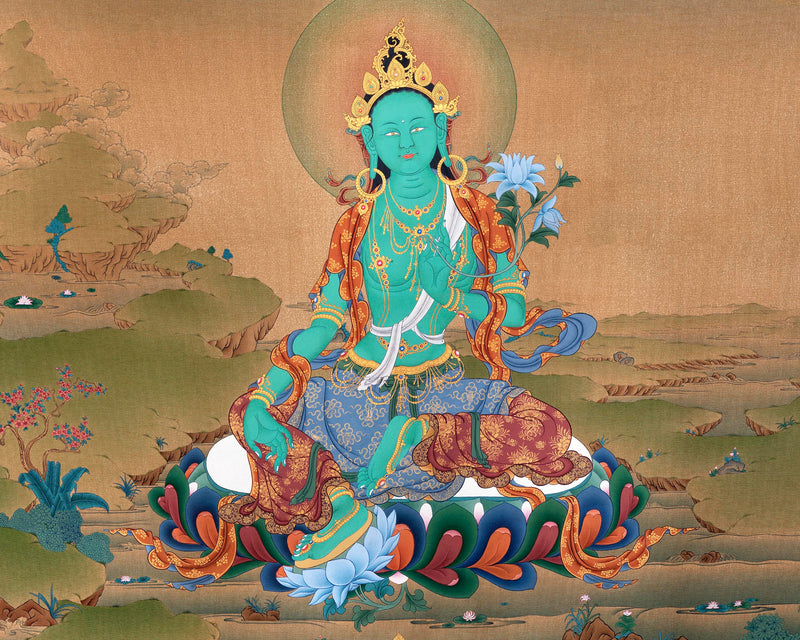 Green Tara Thangka Print | Buddhist Painting  | Digital Canvas Print