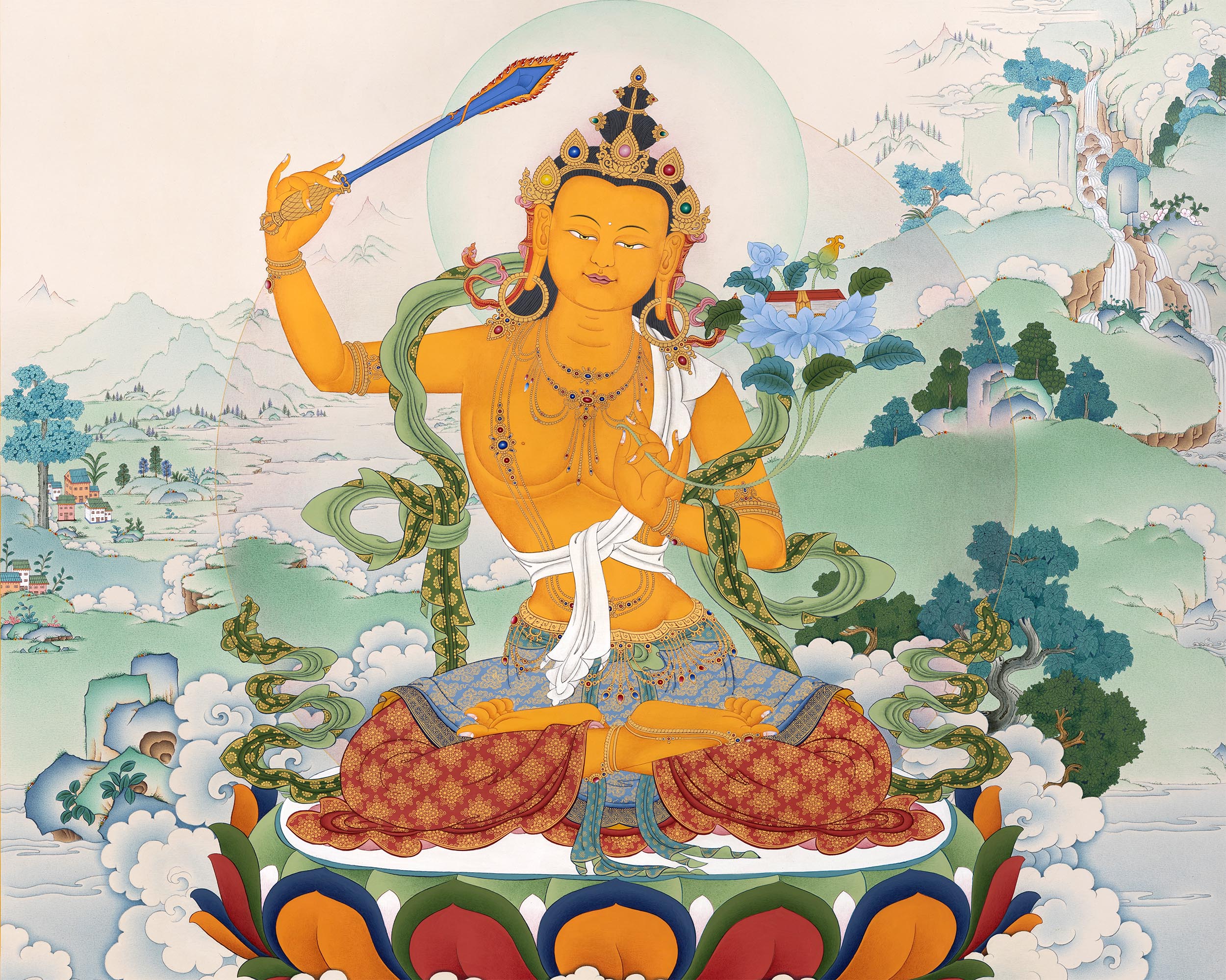 Manjushri Bodhisattva of Wisdom Thangka Print | Buddhist Painting For Living Room Decor