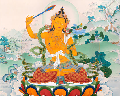 Manjushri Bodhisattva of Wisdom Thangka Print | Buddhist Painting For Living Room Decor