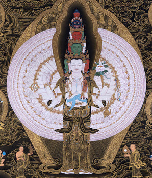 1000 Armed Chenrezig With Guru Rinpoche And Others | Tibetan Thangka Painting