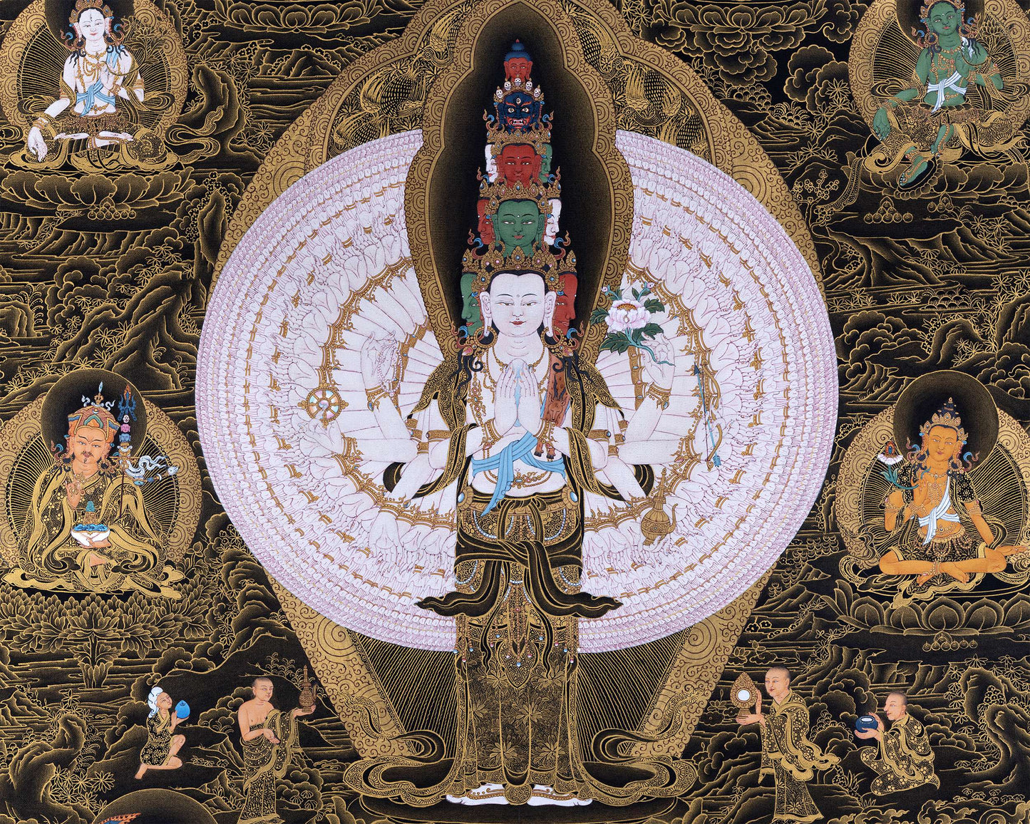 1000 Armed Chenrezig With Guru Rinpoche And Others | Tibetan Thangka Painting