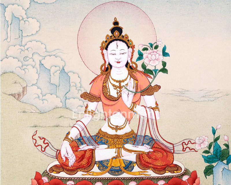 White Tara Deity Thangka | Goddess of Compassion and Longevity | Hand-Painted Tibetan Buddhist Art