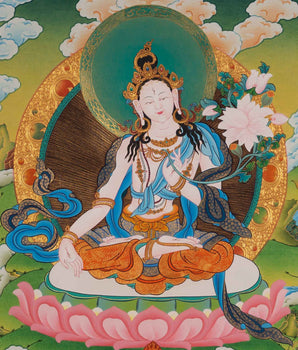 White Tara Female Buddha Thangka | Hand-Painted Art for Meditation