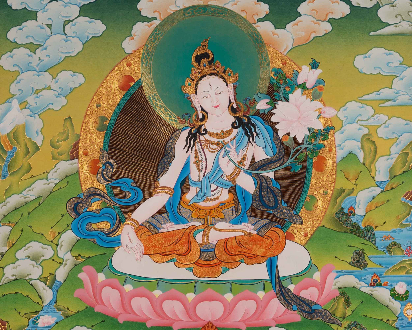 White Tara Female Buddha Thangka | Hand-Painted Art for Meditation