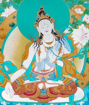 White Tara With Umbrella | Mother Deity Thangka Painting | Buddhist