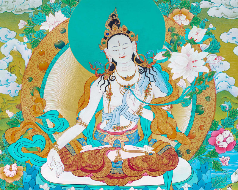 White Tara With Umbrella | Mother Deity Thangka Painting | Buddhist