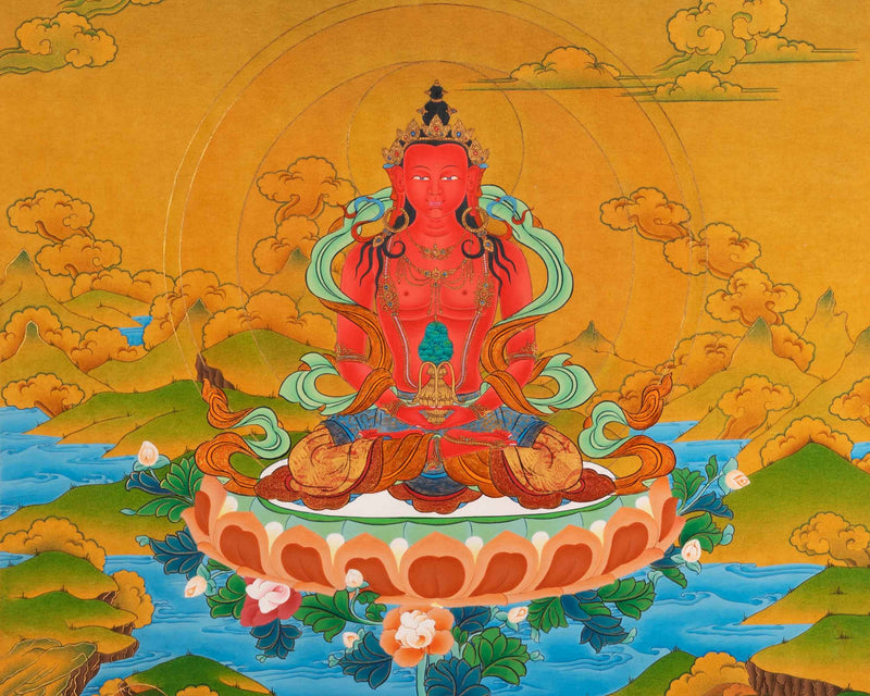 Amitayus Buddha Thangka | Buddhist Deity Amitayus With White Tara, Amitabha & Namgyalma