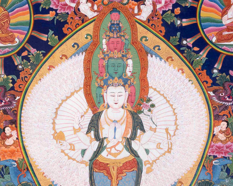 Vintage Avalokiteshvara Thangka | 1000 armed Chengrezig Thangka
