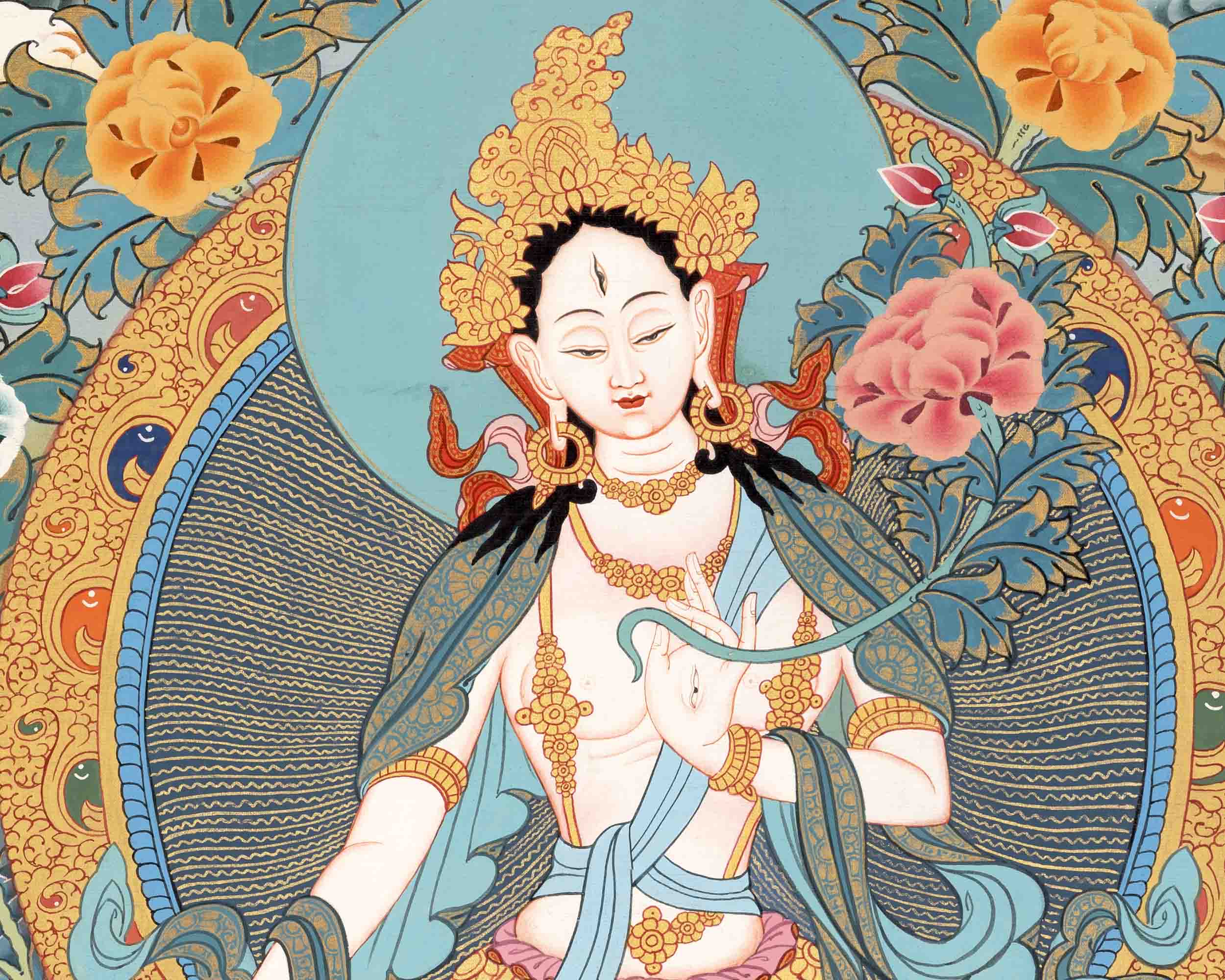Hand-Painted White Thangka | Buddhist Tara Thangka