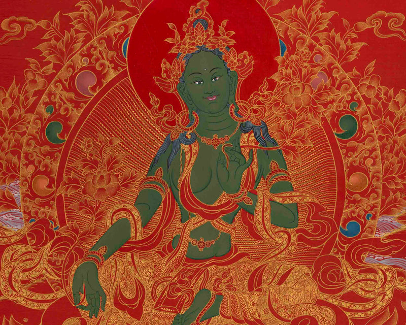 24K Gold Green Tara Thangka | Traditional Tibetan Painting | Wall Decors