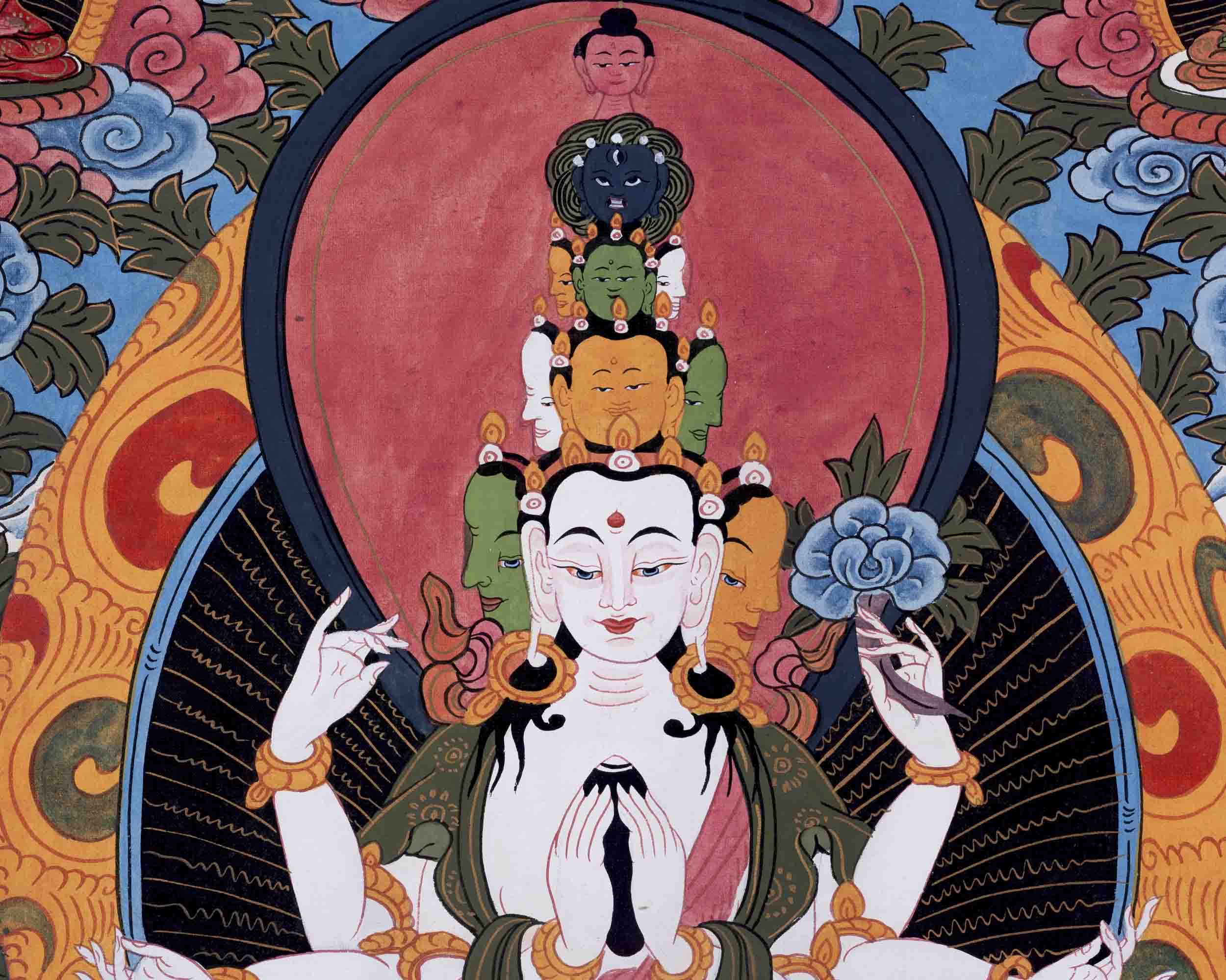 Old Avalokiteshvara Thangka | Followed By Mahakala & Bodhisattvas | Wall Decors