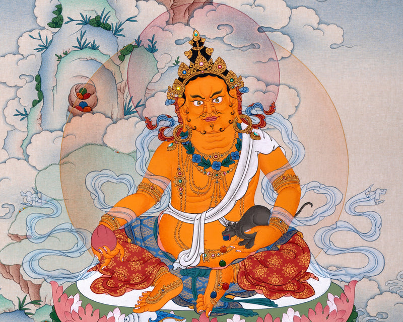 Yellow Jambhala Thangka | Dzambhala Painting | Hand-painted Buddhist Wealth Deity