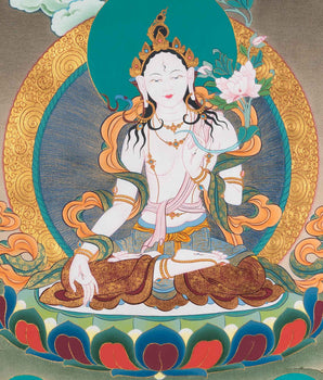 White Tara Meditation Practice Thangka | White Tara With Amitayus and Namgyalma