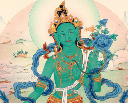 Green Tara | Traditional Tibetan Tara Thangka in Natural stone colors
