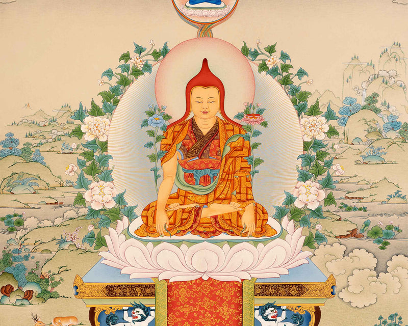 Guru Longchenpa Mantra Thangka With Jigme Lingpa and Vimalamitra | Hand-painted Buddhist Guru Art