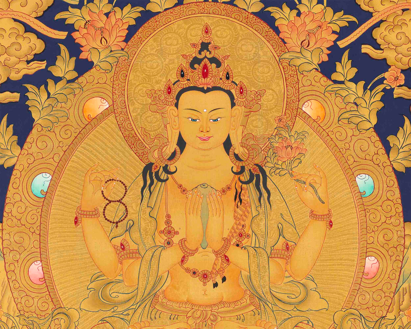 Gold Style Avalokitesvara Chengrezig | Bodhisattva Thangka | Wall Decors