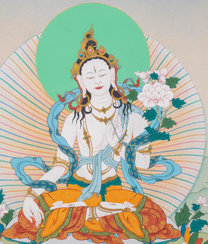 White Tara With Amitayus and Namgyalma Thangka | Tibetan Thangka Painting | Vajrayana Art