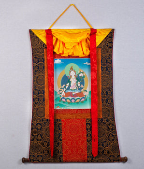 White Tara Thangka | Himalayan Painting (with Brocade)