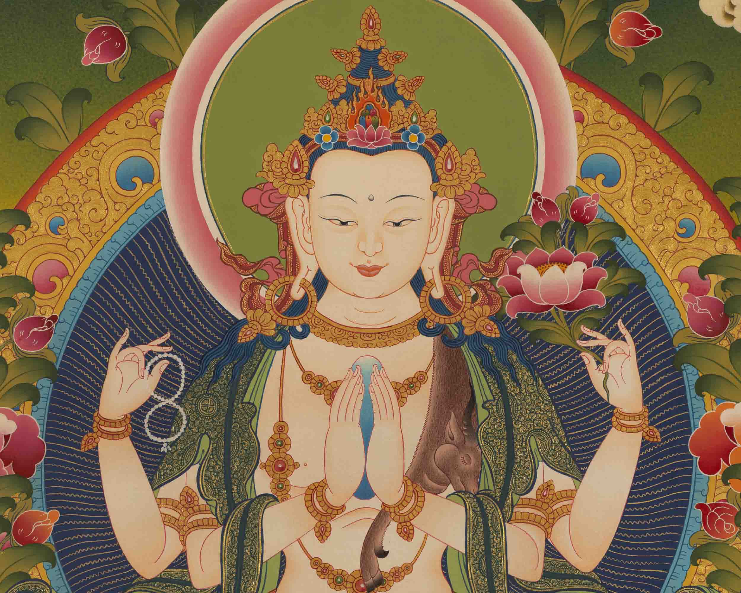 Chenresig Thangka | Followed By Mahalakala And Manjushree  | Religious Wall Decor
