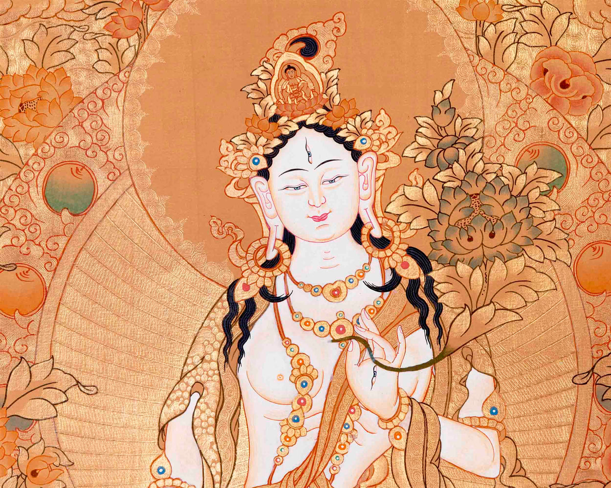 Tibetan White Tara Thangka | Wall Hanging Meditation and Yoga Art