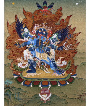 Vajrakilaya Thangka, Hand Painted Traditional Tibetan Wall Painting, Natural Stone colors and 24K Gold (includes Brocade)