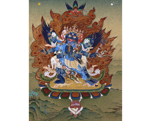 Vajrakilaya Thangka, Hand Painted Traditional Tibetan Wall Painting, Natural Stone colors and 24K Gold (includes Brocade)